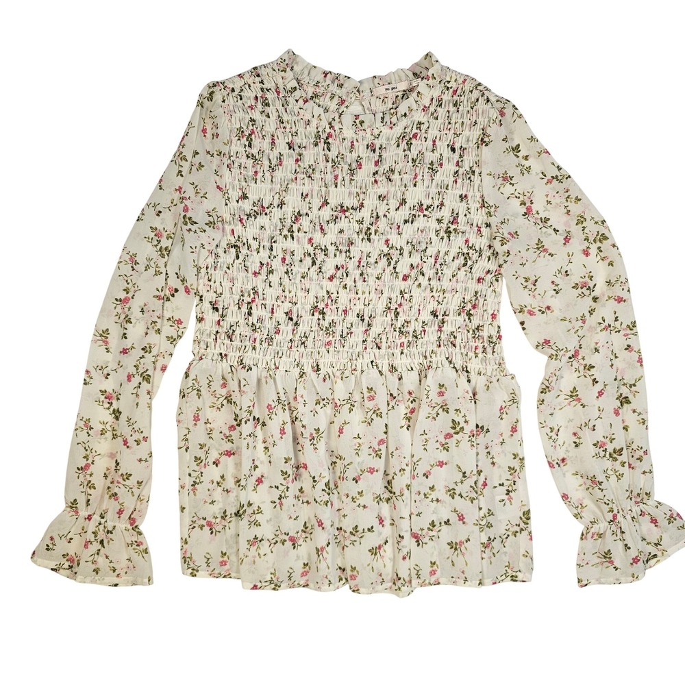 Mi Ami Smocked Floral Peplum Blouse Cream Pink Long Sleeve Ruffle Top Small